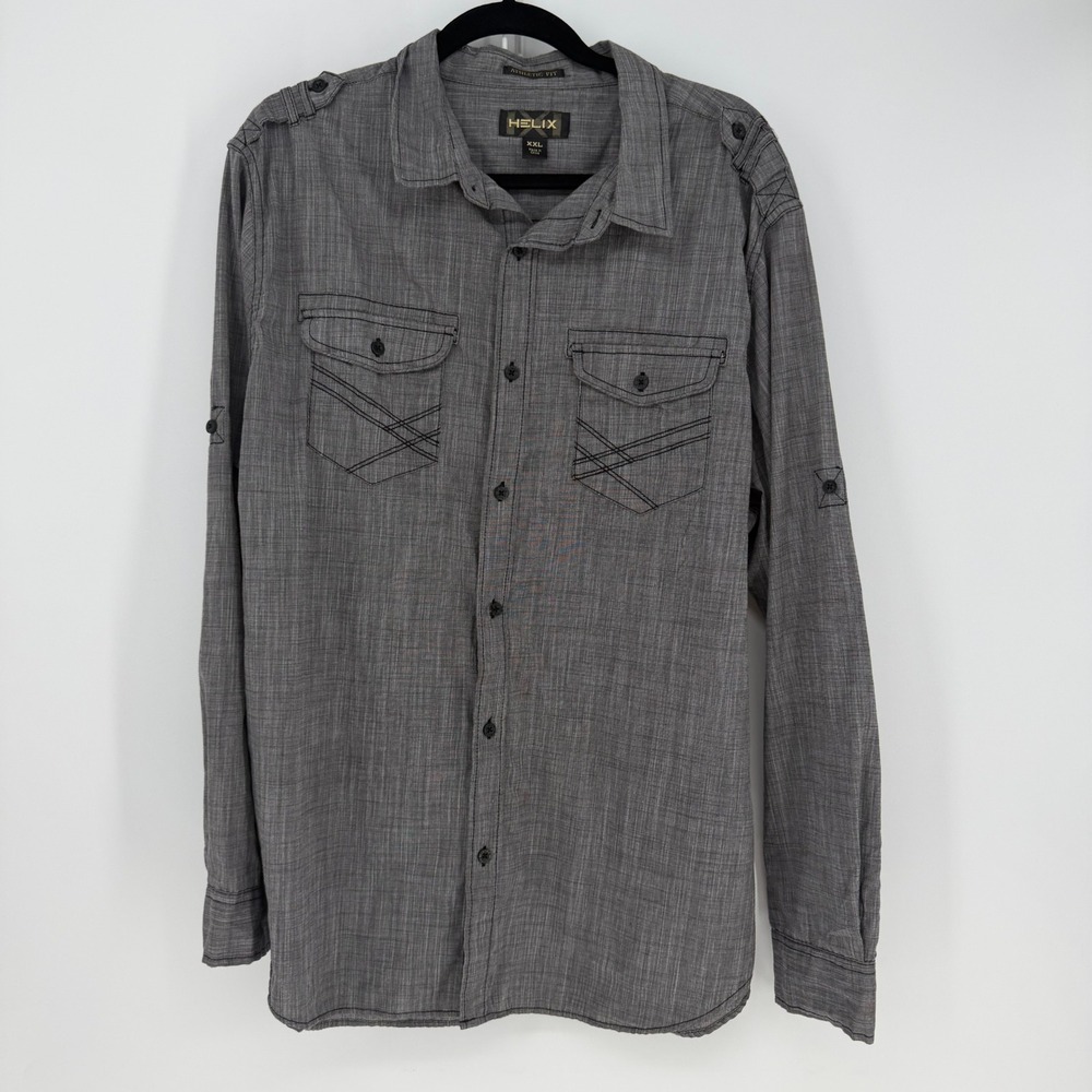 Helix Button Down Shirt Men XXL Gray Athletic Fit Utility Military Y2K Gorpcore